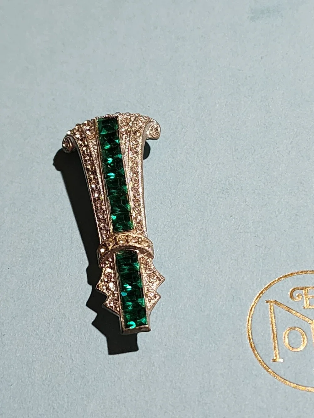 Vintage Art Deco Inspired Emerald Green Rhinestone Metal Dress Clip Brooch